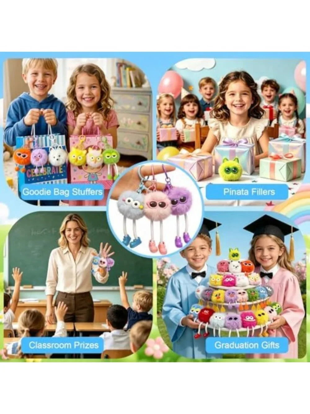 Fuzzy Plush Keychains for Kids' Birthday Party Favors - Bulk Set, Fun Gifts